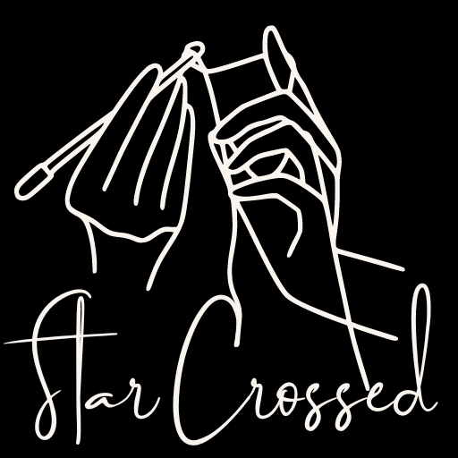 Star Crossed text with the logo of two hands crocheting.